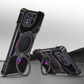 Магнитный металлический чехол без оправы для Asus ROG Phone 8 Pro, бампер из алюминиевого сплава, вращающееся на 360° кольцо-подставка, защитная рамка для объектива For ROG Phone 8 чёрный