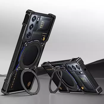 Магнитный металлический чехол без оправы для ZTE Nubia Red Magic 9 Pro plus 8 8S, бампер из алюминиевого сплава, вращающееся на 360° кольцо-подставка, чехол для зарядки Red Magic 9 Pro чёрный