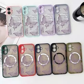 Магнитный однотонный чехол с краями для iPhone 16 Pro Max 15 14 Plus 13 12 Mini 11 Pro Max 8 7 Фиолетовый Бабочка Мягкие края Жесткий прозрачный чехол для телефона iPhone 16 чёрный
