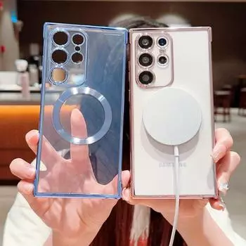Магнитный прозрачный чехол для телефона Samsung Galaxy S25 Ultra S24 S23 Plus S22 S21 FE с беспроводной зарядкой, гальванический противоударный защитный чехол для объектива Samsung S23 розового золота