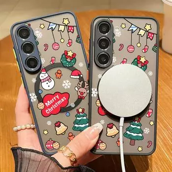 Магнитный прозрачный жесткий чехол для Samsung S24 S22 Ultra S23 S21 S20 Fe A55 A54 A53 A35 A15 с рисунком Merry Christmas, противоударный чехол с мягкими краями Samsung S24 чёрный