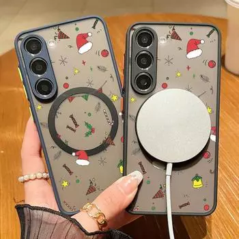 Магнитный прозрачный жесткий чехол для Samsung S24 S22 Ultra S23 S21 S20 Fe A55 A54 A53 A35 A15 с рисунком в виде рождественского мультфильма, противоударный чехол с мягкими краями Samsung S24 чёрный