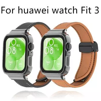 Магнитный ремешок для Huawei Watch Fit 3 из высококачественного силикона и кожи чёрный/коричневый
