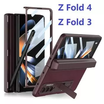 Магнитный шарнир для Samsung Galaxy Z Fold 3 Fold 4, чехол, стеклянная защита для экрана, кожаный ящик для ручек, чехол-подставка for Galaxy Z Fold4(7.6 ) розового золота