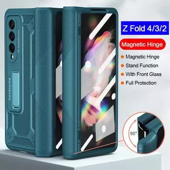 Магнитный шарнирный чехол для Samsung Galaxy Z Fold 4 3 2, чехол для переднего экрана, стеклянная броня, чехол-подставка для Samsung Z Fold 2, 3, 4, 5g, чехол For Samsung Z Fold 4 розовый