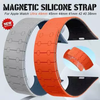 Магнитный силиконовый ремешок для Apple Watch Ultra2, браслет 44 мм, 45 мм, 49 мм, 40 мм, 41 мм, 42 мм, 38 мм для браслета iWatch Series 9 7 8 se 6 5 For 38mm 40mm 41mm