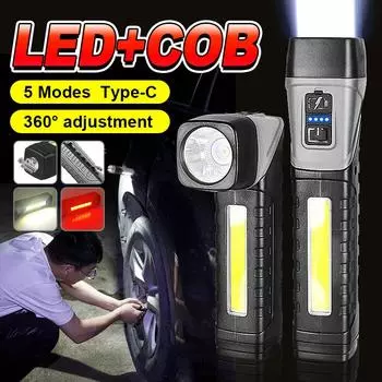 Магнитный светодиодный фонарик, ультра яркий водонепроницаемый COB-светильник, USB перезаряжаемый фонарь, хвостовой магнит, рабочий свет, вращение на 90 градусов built in battery чёрный