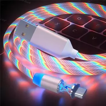 Магнитный светящийся зарядный кабель для мобильного телефона, кабель USB Type C для Xiaomi Samsung, светодиодные провода Micro USB Type C 1M Cable+Type-C Plug