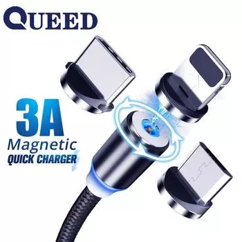 Магнитный USB-кабель 2,4 и кабели Micro USB для быстрой зарядки Тип C Круглый магнитный зарядный шнур на 360 градусов Micro чёрный