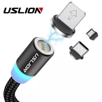 Магнитный USB-кабель USLION 3A для iPhone, кабель Micro USB Type C, магнитное зарядное устройство для быстрой зарядки, кабель Micro USB IOS чёрный