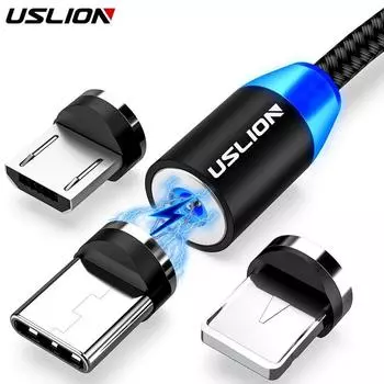 Магнитный USB-кабель USLION для iPhone 12 11 Xiaomi Samsung Type C, светодиодный кабель для быстрой зарядки, зарядки данных, кабель Micro USB, шнур, провод 1M Cable+IOS Plug чёрный