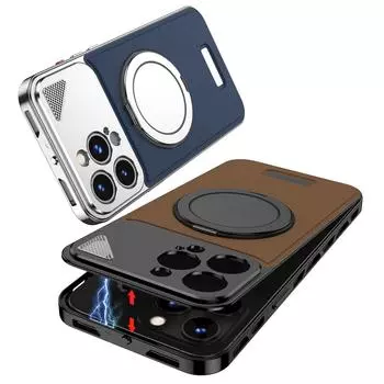 Магнитный вращающийся на 360° чехол-подставка для телефона iPhone 14 15 13 Pro Max металлический кожаный чехол с застежкой-кнопкой на четыре угла для защиты от падений For IPhone 15