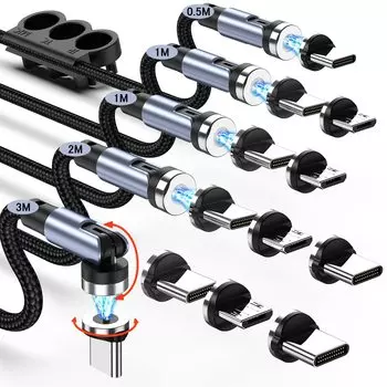 Магнитный зарядный кабель с 12 светодиодами USB-кабель 3 в 1 зарядное устройство магнит вращающийся быстрая зарядка пылезащитный USBC Micro USB телефон совместим со всеми синими серебряный