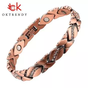 Магнитотерапия Медный браслет для женщин Чистая медь Кристалл Браслеты Звено-цепочка Очарование Рождественский подарок ювелирных изделий 3500 Гаусс с инструментом регулировки