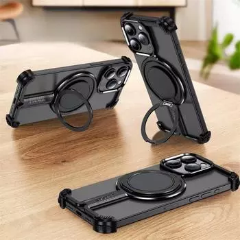 Magsafe Магнитный металлический безободковый чехол-подставка для телефона iPhone 16 15 14 13 12 Pro Max Plus Алюминиевый сплав противоударный защитный чехол iPhone 16 Pro Max чёрный