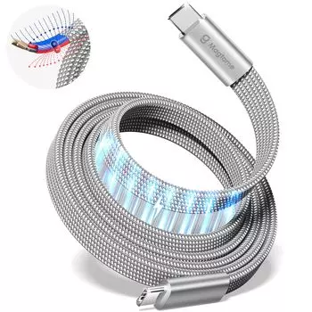 Magtame с магнитным быстрым кабелем с металлическими разъемами и двойным нейлоном, совместимый с кабелем iPhone Xperia Type-C, плоский, самосматывающийся, 240 Вт/5 А