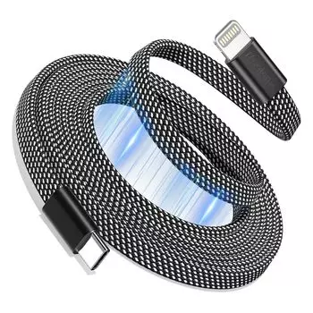 Magtame Зарядка для iPhone Автоматическая на Lightning 3A Быстрая MFi Память Совместимость с iPhone Кабель Type-C, Сматывающийся, Плоский, Кабель USB-C, Зарядка,