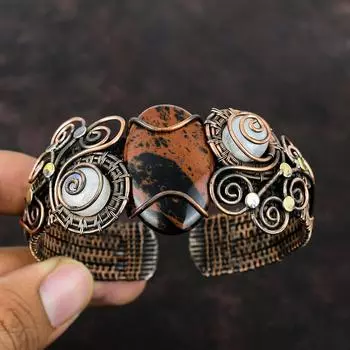 Mahogany Obsidian Bangle Copper Wire Wrapped Cuff Bracelet Rainbow Moonstone Adjustable Bangle Handmade Jewelry Gemstone Bangle Wedding Gift