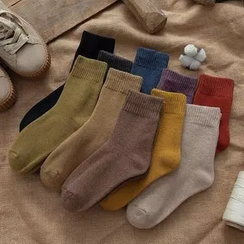 Махровые носки для женщин и девочек, толстые однотонные зимние носки из органического хлопка в стиле Харадзюку, антибактериальные, дышащие, теплые вязаные термокороткие носки, брендовые темно-желтого