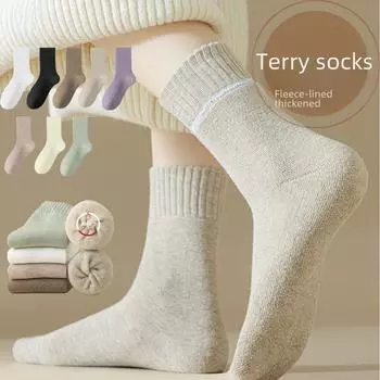 Махровые носки Женские носки длиной до середины икры Осенние и зимние утолщенные теплые чулки с флисовой подкладкой Носки-тапочки Без косточек Швейные домашние носки Сохранение тепла One Size белый