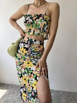 Mai Nicole вязаный желтый двойной костюм с цветочным узором