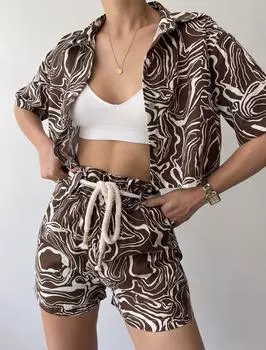 Mai Sarande Коричневый комплект льняных шорт с рисунком