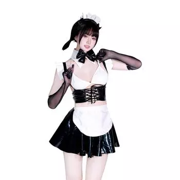 Maid Cosplay Sexy PU Leather Moe Demon Charming Cute Cute Bold Moe Lingerie Bodycon Enamel Costume Black Collar Bow Tie Tops Underwear Apron Mini