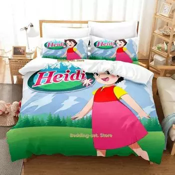 Maiden of the Alps Bedding Set Girl From, Alps Heidi Bedding Set,Funny Heidi and Family Cartoon Print Quilt Cover 135x200cm 2pcs