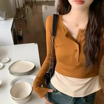 Maillard color-blocked fake two-piece slim-fitting bottoming shirt for women in autumn and winter with half-open collar long-sleeved inner T-shirt top S