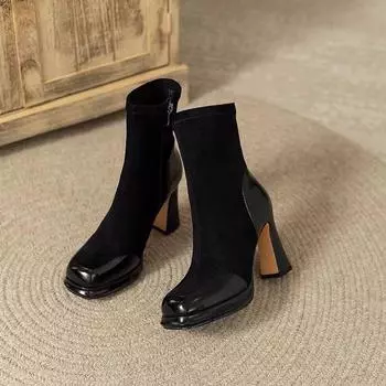 Maillard French high-heeled short boots autumn 2024 new thick-soled thick-heeled elastic boots waterproof table thin boots 35 чёрный