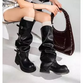Maillard, но женские ботфорты, новые осенние, ретро, с присборенным голенищем, сапоги-трубы, на толстом высоком каблуке, высокие сапоги-рыцари 35