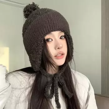 Maillard plush hat women s 2024 new winter thermal ear protection hat versatile wool knitted hat M56-58cm темно-коричневого