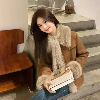 Maillard ретро коричневое меховое пальто женское зима 2024 новый джинсовый сплайсированный меховой топ S 80-50 kg коричневый