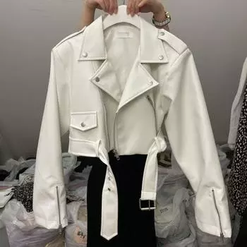 Maillard Wind 2024 Весна и осень Новая мода лацкан молния локомотив PU кожаное пальто маленькое короткое пальто для женщин S белый