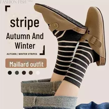 Maillard Women s Striped Mid-Calf Socks - Spring & Autumn Korean Style with Shark Pants N017 Striped Mid-Tube Socks