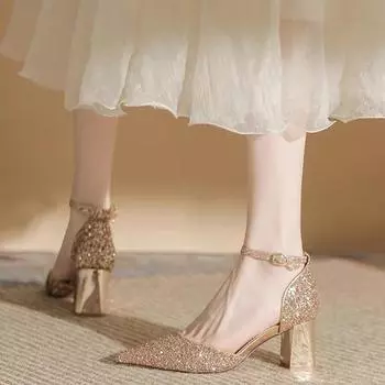Main wedding dress wedding shoes summer women s thick heel bride shoes golden high heels bridesmaid hollow crystal shoes one-word buckle shoes 34 розового золота