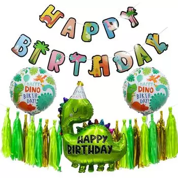 Mainiusi Украшения на день рождения Воздушные шары с динозаврами Украшения на день рождения мальчиков Набор воздушных шаров Украшения на вечеринку С ДНЕМ РОЖДЕНИЯ Гирлянда из бумаги с кисточками Золото-зеленый