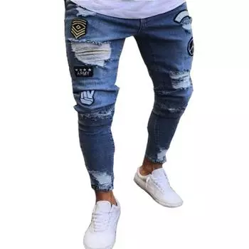 MAITA European and American Men s Skinny Jeans Ripped Badge Pencil Pants S синий