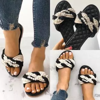 MAITA модные жемчужные тканые тапочки женские пляжные тапочки на плоской подошве