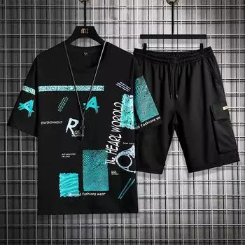 MAITA Мужская новая свободная футболка с принтом и рукавами-пятью точками, костюм-двойка XL светло-синий