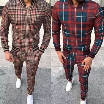 MAITA мужской модный клетчатый повседневный костюм красивый воротник-стойка на молнии кардиган брюки комплект из двух предметов 3XL красный