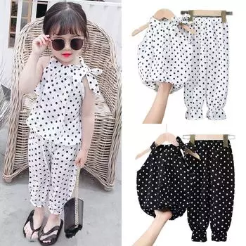 MAITA/Новинка, 3 цвета, детская одежда без рукавов, футболка в горошек для маленьких девочек, комплект со штанами, детский летний тонкий свободный топ, брючный костюм 80 белый