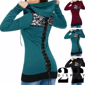 MAITA женская повседневная блузка с длинными рукавами на шнуровке и молнии сзади, толстовка с капюшоном