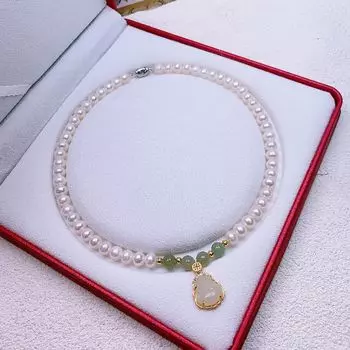 Maitreya Hetian Jade Pearl Necklace Mother Style Necklace Jewelry Birthday Mother s Day Gift to Give Mom Mother-in-Law Maitreya gold and jade pearl necklace
