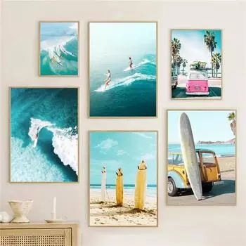 Майами-Бич Автобус Серфинг Танец Океанские волны Плакат Серфинг Настенное искусство Холст Картина Скандинавские настенные картины Украшение гостиной 21x30cm No Framed