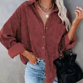 Majdan Женская винтажная цветная вельветовая рубашка, пальто, осеннее отложной воротник, однобортный кардиган с карманами, однотонная свободная верхняя одежда, топы S розовый