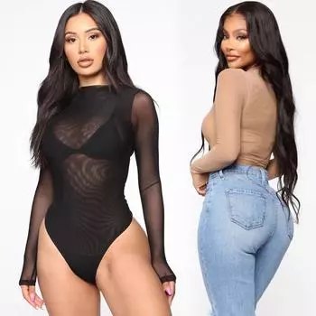 Майка Боди Женские Сексуальные Сетчатые Боди с Длинным Рукавом для Женщин Плотный цельный Нижний Боди Бикини Женский Боди с Круглым Вырезом и Длинными Рукавами Топы M чёрный