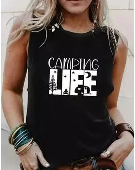 Майка больших размеров для кемпинга с принтом Life, повседневная майка без рукавов с круглым вырезом на лето, женская одежда больших размеров 1XL чёрный