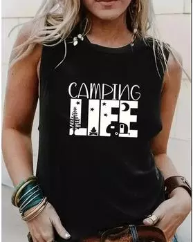 Майка больших размеров для кемпинга с принтом Life, повседневная майка без рукавов с круглым вырезом на лето, женская одежда больших размеров 1XL чёрный