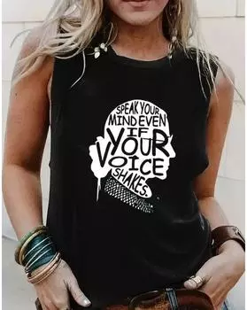 Майка больших размеров с буквенным и портретным принтом с круглым вырезом, повседневная майка без рукавов на лето, женская одежда больших размеров 1XL чёрный